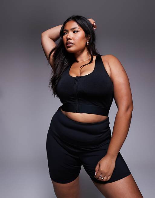 4505 Curve Icon high support zip front sports bra with adjustable straps and removable padding in black high shine
