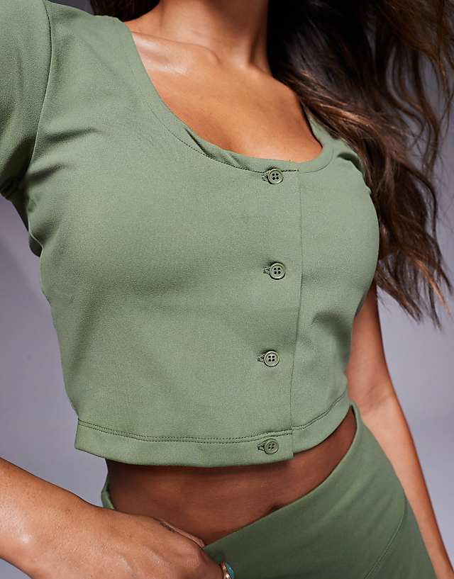4505 Studio Soft Touch Active Short Sleeve Cardigan In Khaki