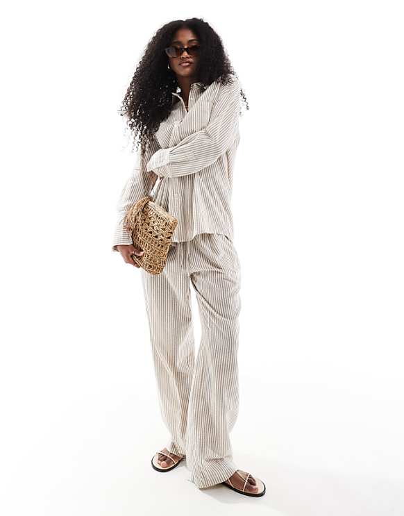 4th & Reckless Lightweight Linen Look Stripe Shirt And Lightweight Linen Trouser Co-ord In Beige
