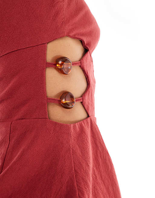 4th & Reckless Linen Look Cotton Bandeau Cut Out Bead Detail Mini Dress In Rust