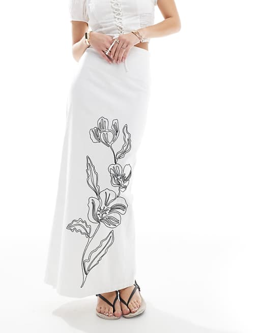 4th & Reckless Linen Look Floral Embroidered Maxi Skirt In White