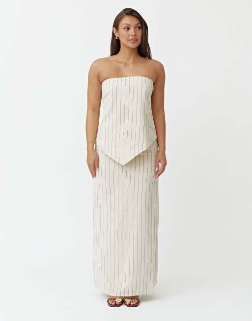4th & Reckless Linen Striped Bandeau Top & Maxi Skirt In Beige