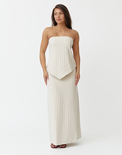 4th & Reckless linen striped bandeau top & maxi skirt in beige