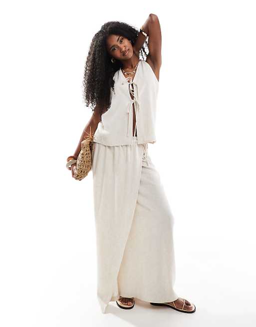 4th & Reckless linen tie front cami beach top and maxi skirt co-ord in beige