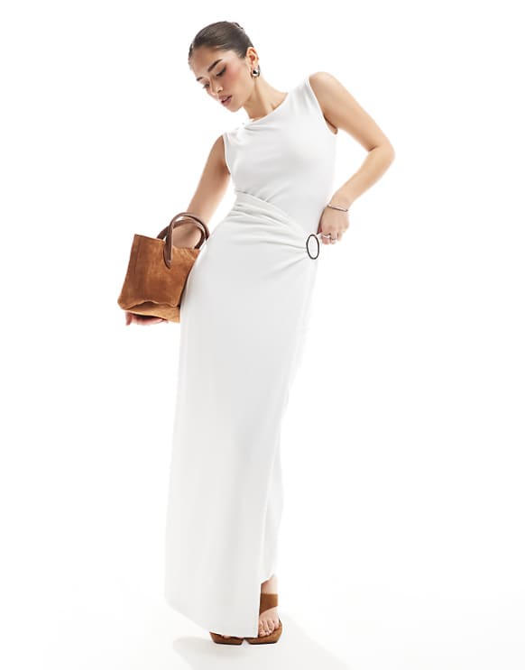 4th & Reckless Sleeveless Drape Wrap Ring Detail Maxi Dress In White