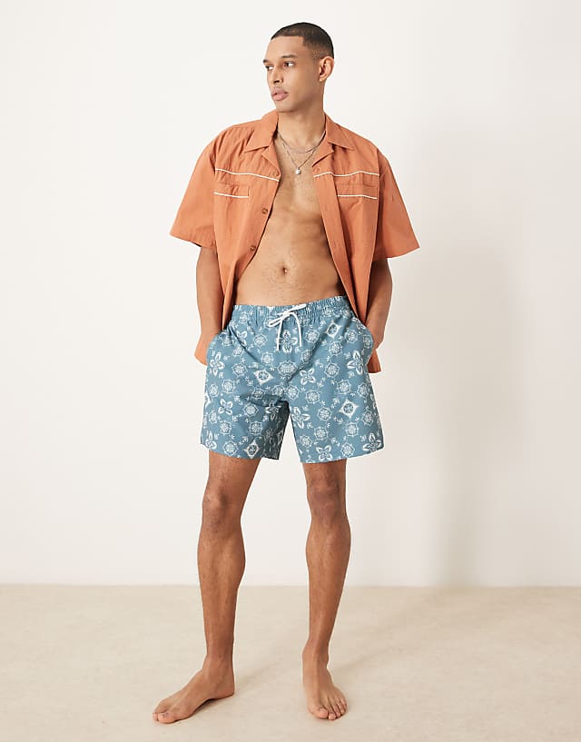 Abercrombie & Fitch 7 Inch Drawstring Swimming Trunks In Blue Bandana Print