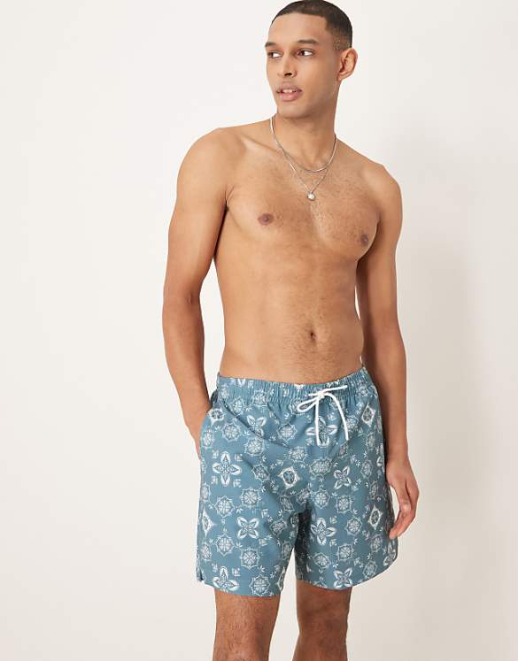 Abercrombie & Fitch 7 inch drawstring swimming trunks in blue bandana print
