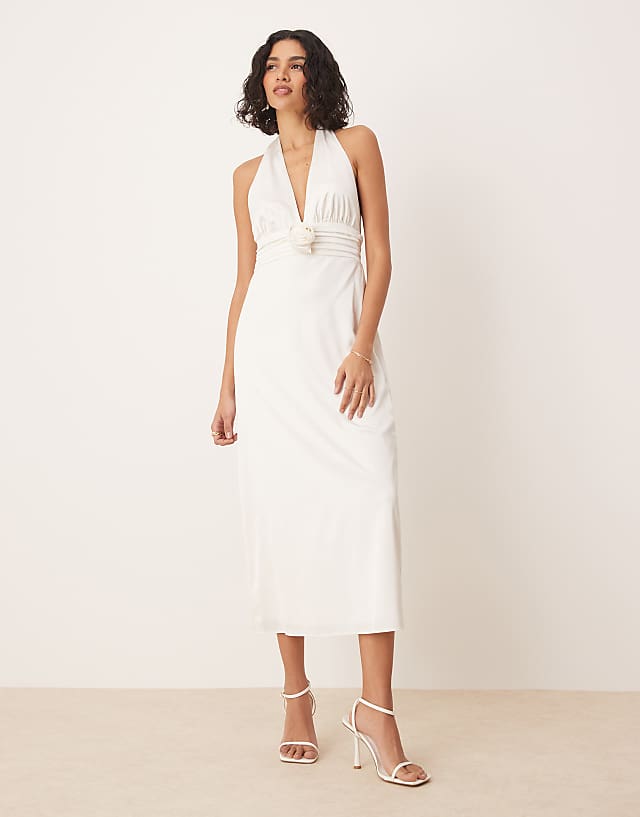 Abercrombie & Fitch Bridal Plunge Rosette Column Halter Maxi Dress In White