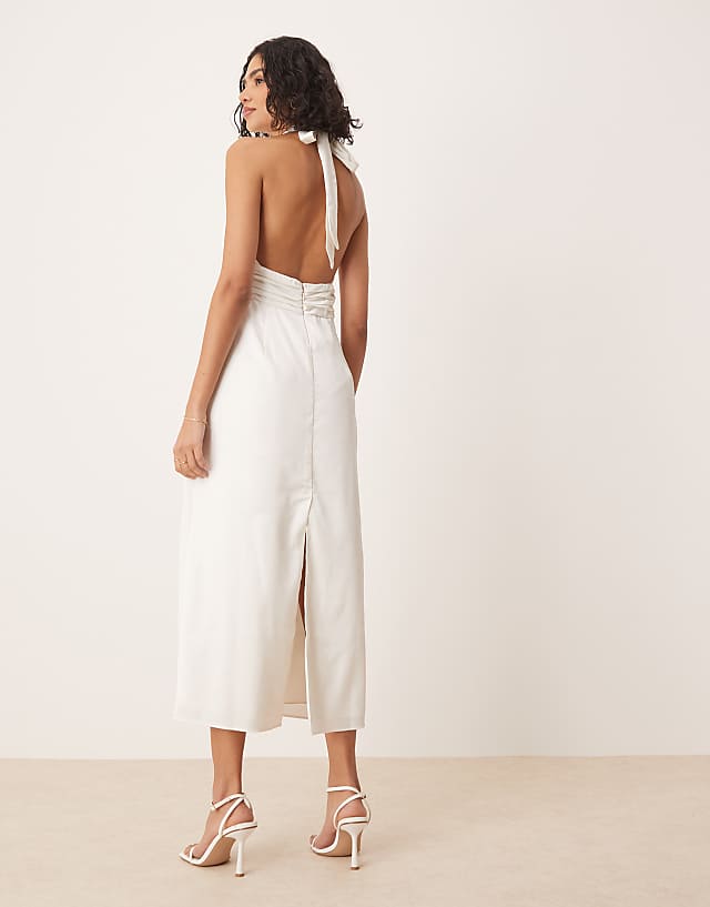 Abercrombie & Fitch Bridal Plunge Rosette Column Halter Maxi Dress In White