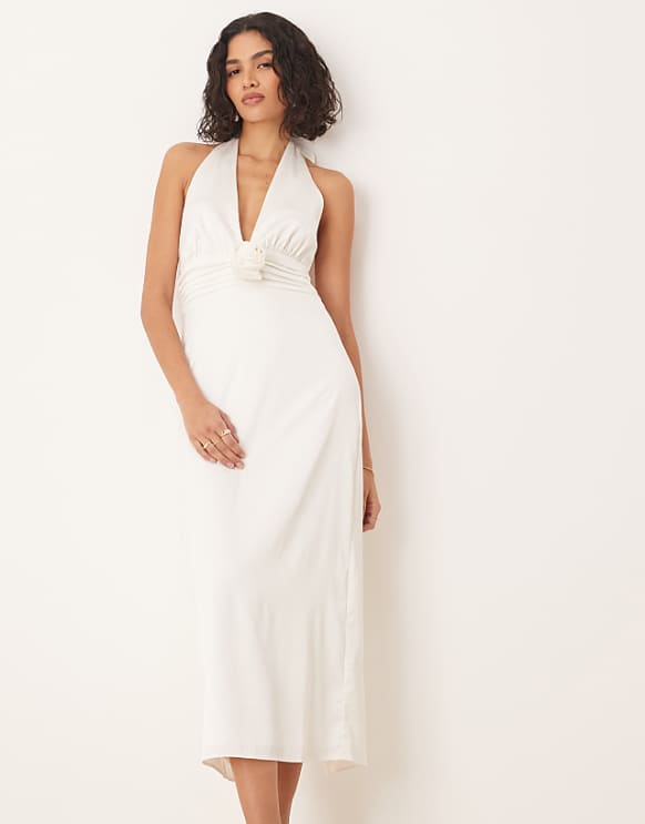 Abercrombie & Fitch Bridal Plunge Rosette Column Halter Maxi Dress In White