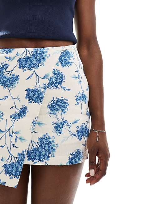 Abercrombie & Fitch Linen Blend Mini Wrap Skort In Blue Floral Print