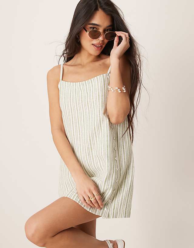 Abercrombie & Fitch Linen Button Detail Skort Dress In Green Stripe