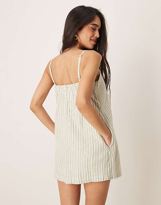 Abercrombie & Fitch Linen Button Detail Skort Dress In Green Stripe