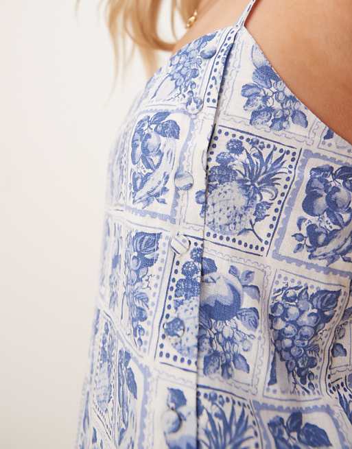 Abercrombie & Fitch Linen Button Detail Skort Dress In Blue Stamp Print