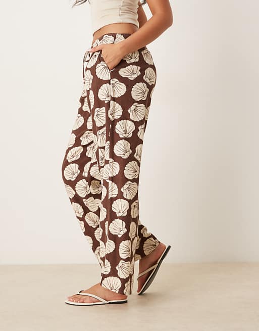 Abercrombie & Fitch Linen Wide Leg Pull On Trousers In Brown Shell Print