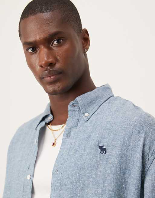 Abercrombie & Fitch Long Sleeve Icon Logo Linen Shirt In Cream