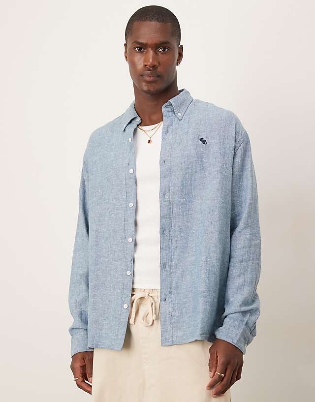 Abercrombie & Fitch long sleeve icon logo linen shirt in cream