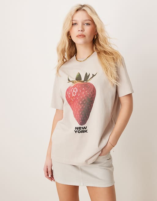 Abercrombie & Fitch Short Sleeve Skimming Embellished Strawberry T-shirt In Beige