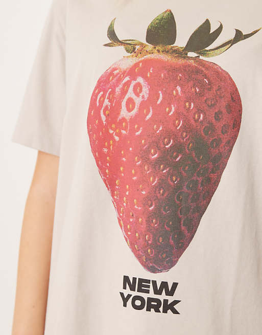 Abercrombie & Fitch Short Sleeve Skimming Embellished Strawberry T-shirt In Beige