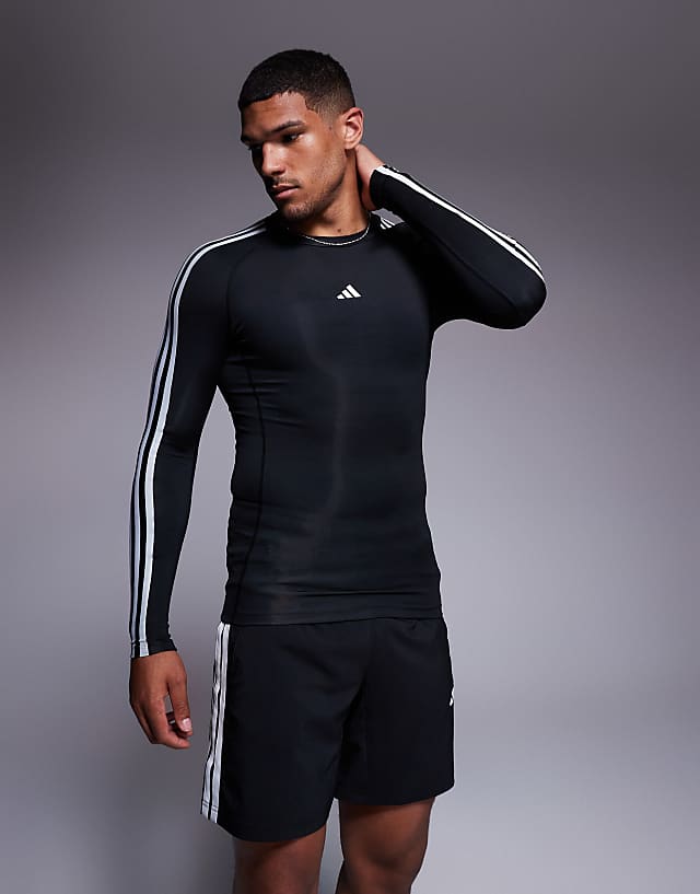 adidas Training Tech Fit 3 stripe long sleeve top in black 3S LS