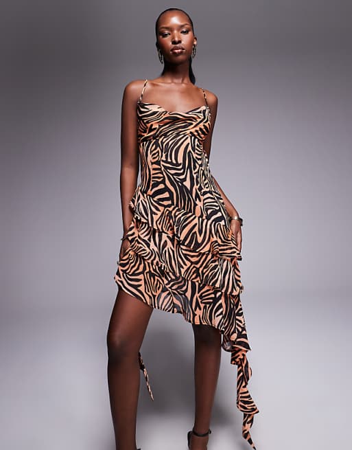 AFRM Asymmetric Ruffle Backless Mini Dress In Ombre Zebra