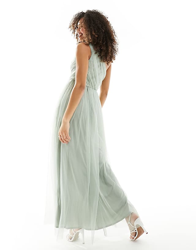 Anaya Bridesmaid Tulle One Shoulder Maxi Dress In Sage Green