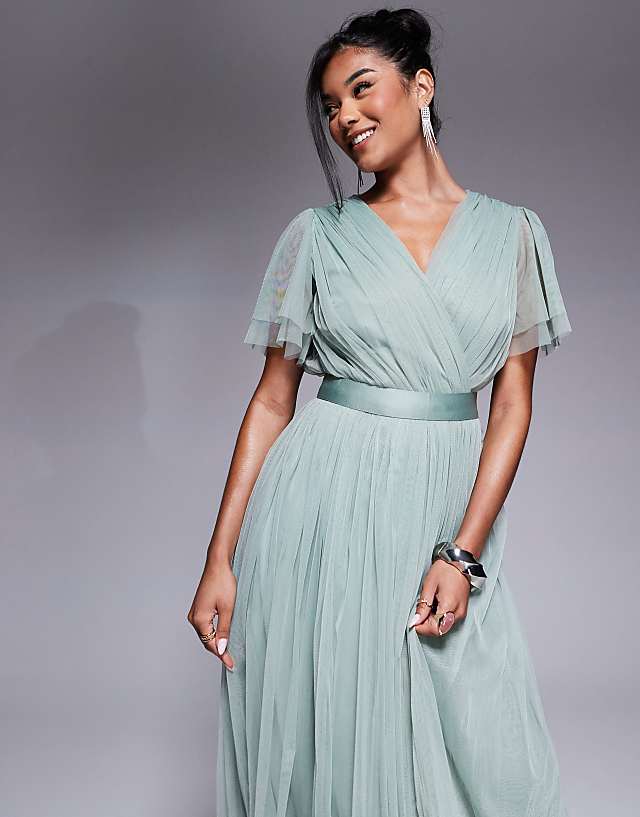 Anaya Faux Wrap Short Sleeve Bridesmaid Maxi Dress In Frosty Green