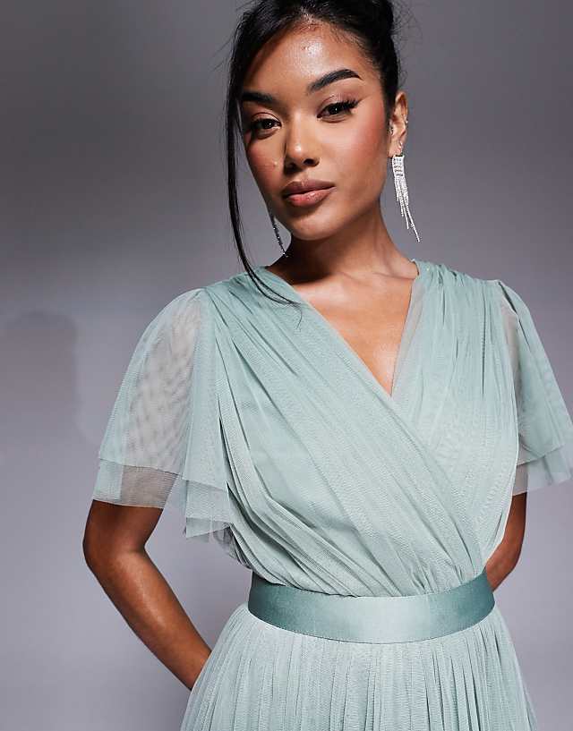 Anaya Faux Wrap Short Sleeve Bridesmaid Maxi Dress In Frosty Green