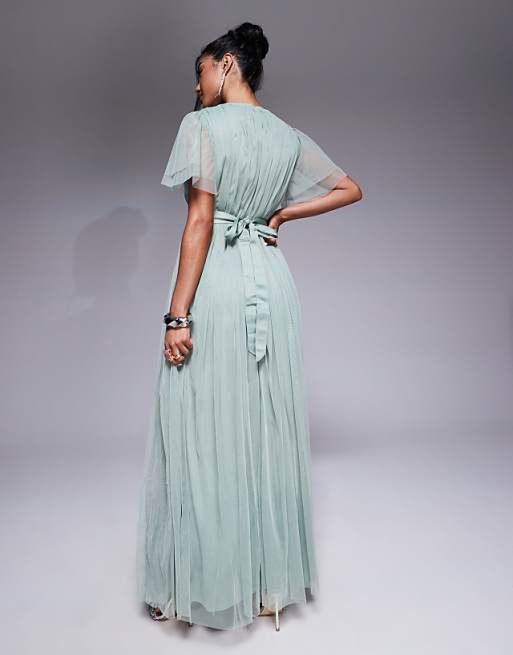 Anaya Faux Wrap Short Sleeve Bridesmaid Maxi Dress In Frosty Green