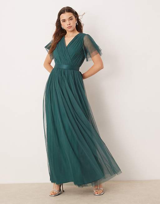 Anaya Faux Wrap Short Sleeve Bridesmaid Maxi Dress In Emerald Green
