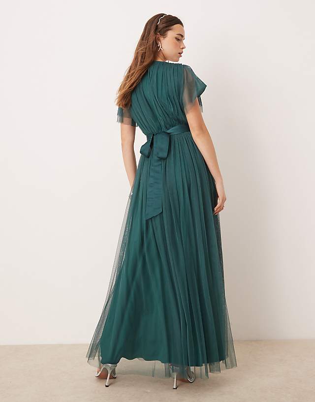 Anaya Faux Wrap Short Sleeve Bridesmaid Maxi Dress In Emerald Green