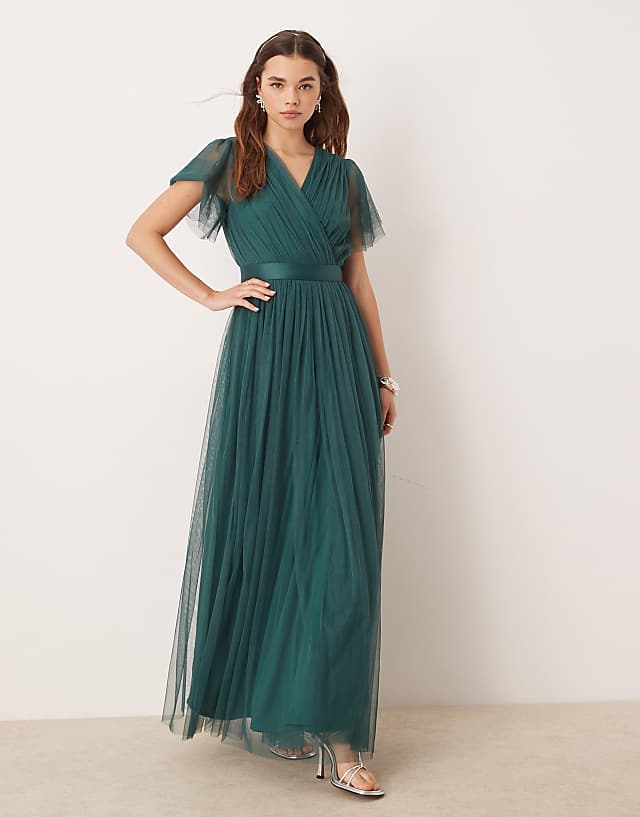 Anaya Faux wrap short sleeve bridesmaid maxi dress in emerald green
