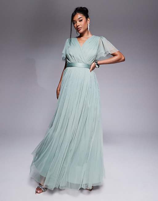 Anaya Faux Wrap Short Sleeve Bridesmaid Maxi Dress In Frosty Green