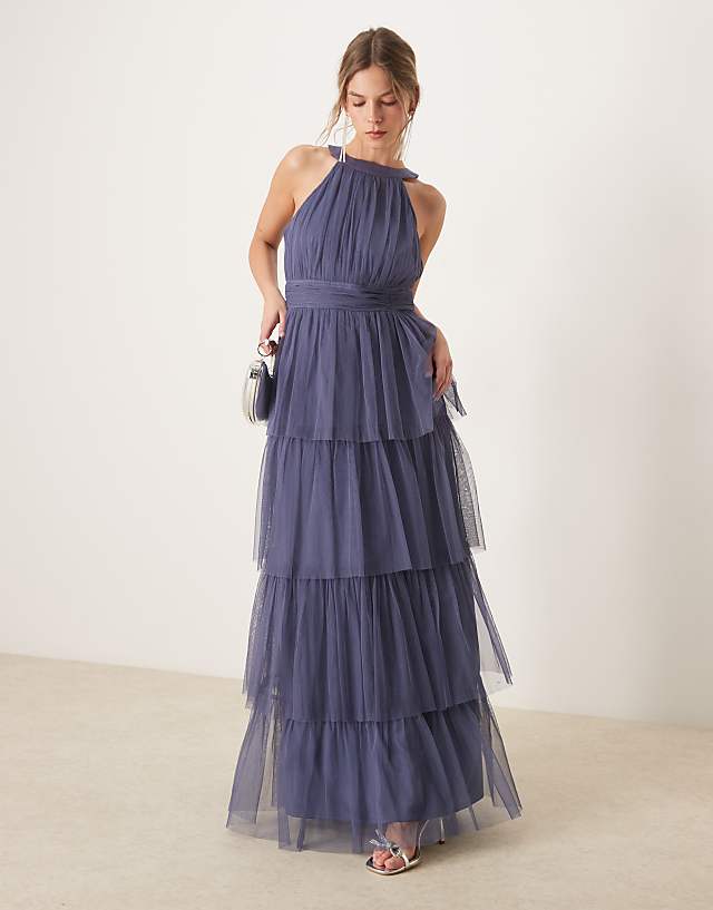 Anaya Halter Neck Tiered Maxi Bridesmaid Dress In Indigo Blue