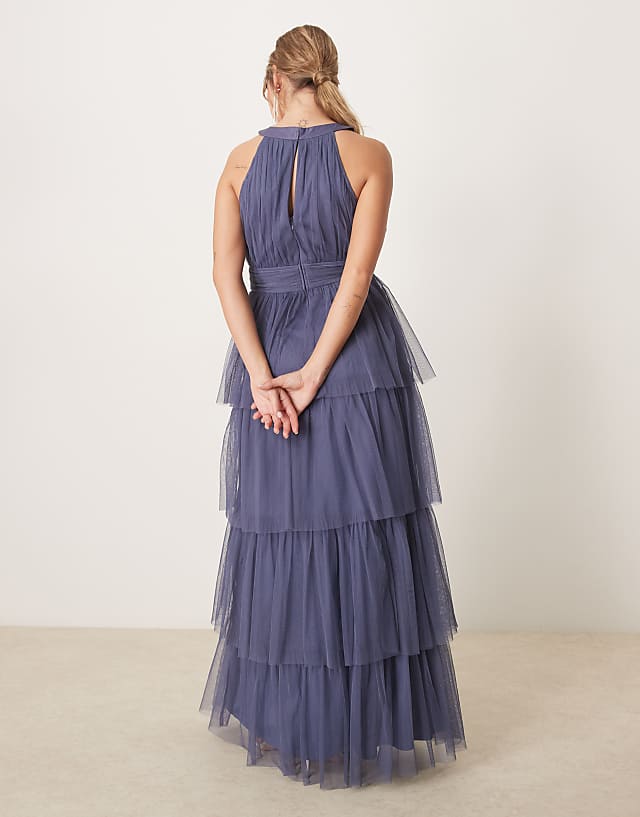 Anaya Halter Neck Tiered Maxi Bridesmaid Dress In Indigo Blue