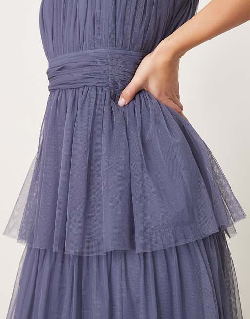 Anaya Halter Neck Tiered Maxi Bridesmaid Dress In Indigo Blue