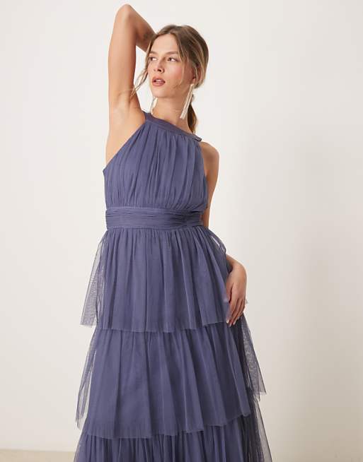 Anaya Halter neck tiered maxi bridesmaid dress in indigo blue