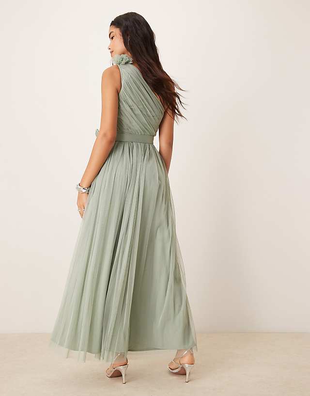 Anaya One Ruffle Shoulder Bridesmaid Maxi Dress In Frosty Green