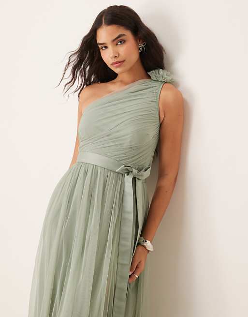 Anaya One Ruffle Shoulder Bridesmaid Maxi Dress In Frosty Green