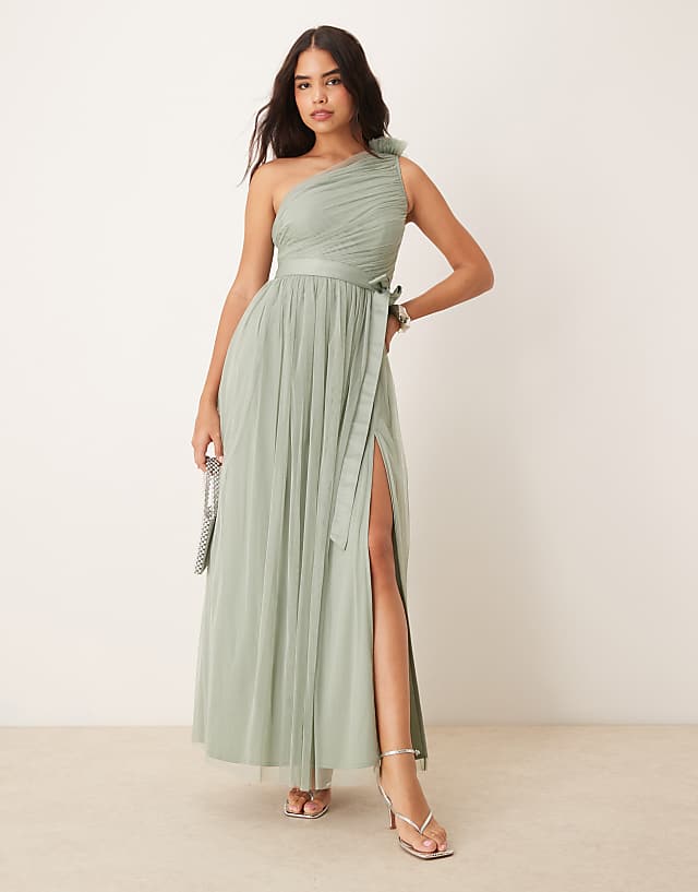 Anaya One ruffle shoulder bridesmaid maxi dress in frosty green