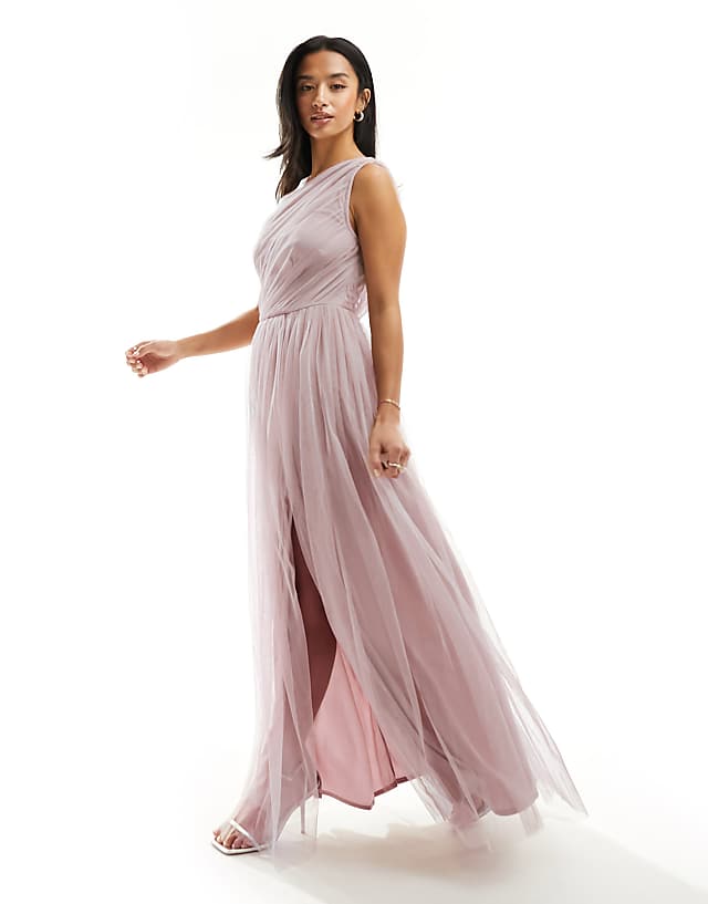 Anaya Petite Bridesmaid Tulle One Shoulder Maxi Dress In Pink
