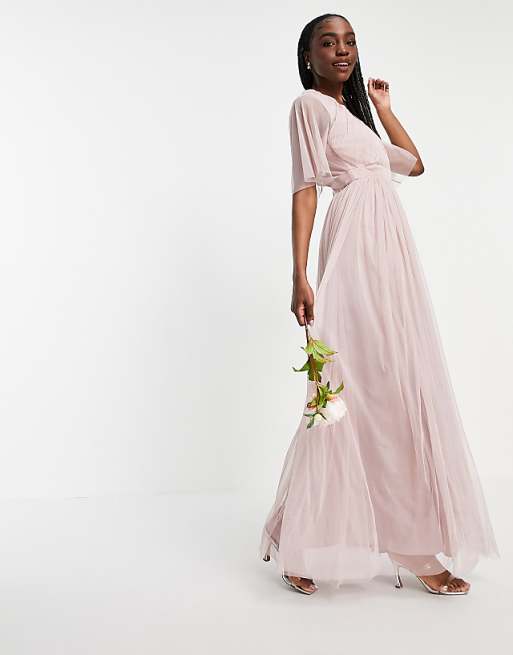 Anaya With Love Tall Bridesmaid Tulle Flutter Sleeve Maxi Dress In Pink