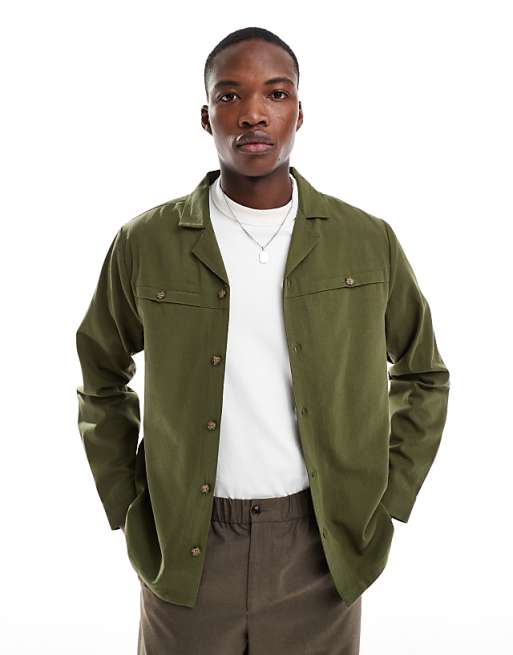 Another Influence Revere Collar Utility Shirt In Khaki