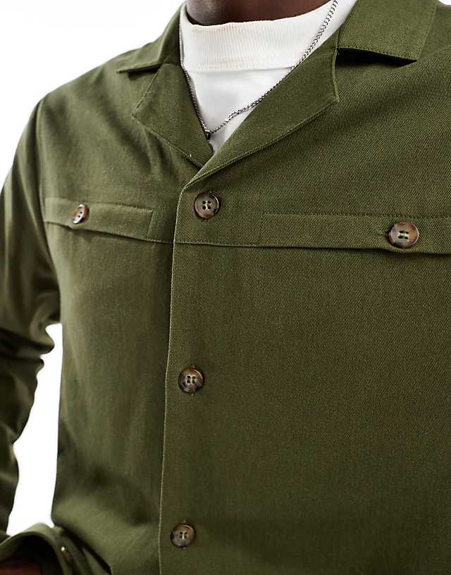 Another Influence Revere Collar Utility Shirt In Khaki