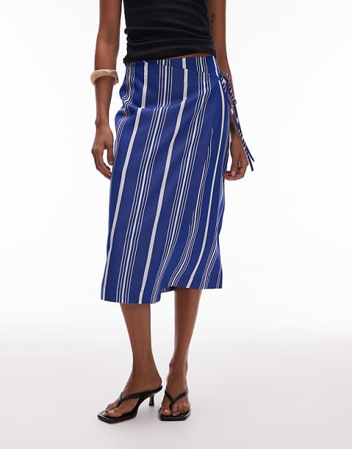 ARKET Linen Wrap Beach Midi Skirt In Blue Pinstripe