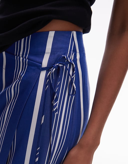 ARKET Linen Wrap Beach Midi Skirt In Blue Pinstripe