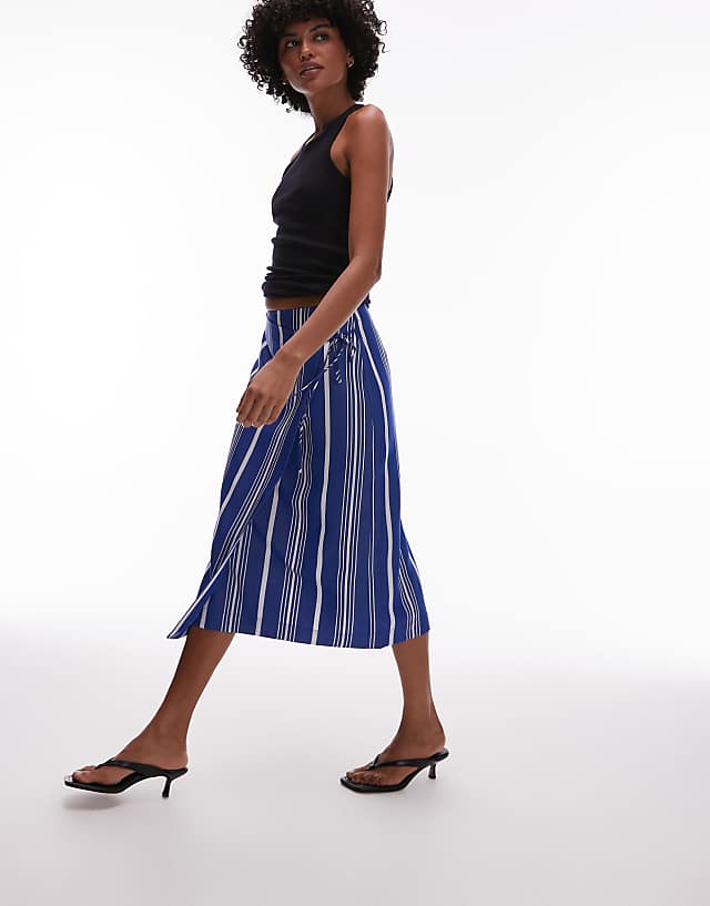 ARKET Linen Wrap Beach Midi Skirt In Blue Pinstripe