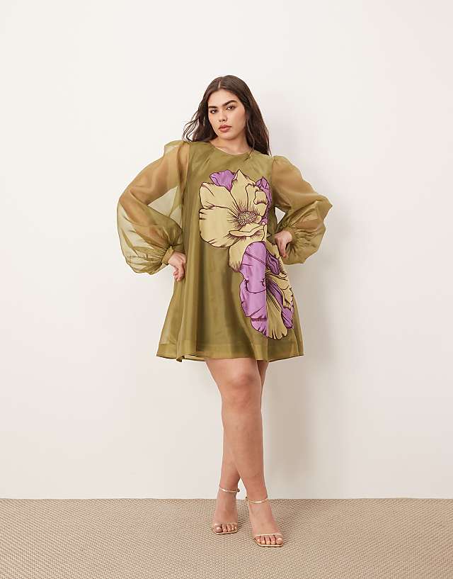 ARRANGE Curve Applique Floral Volume Sleeve A-line Mini Dress In Green