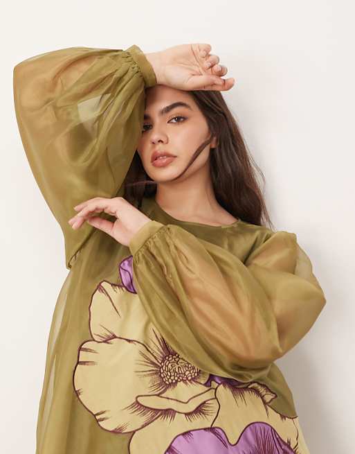 ARRANGE Curve Applique Floral Volume Sleeve A-line Mini Dress In Green