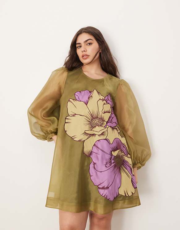 ARRANGE Curve applique floral volume sleeve a-line mini dress in green